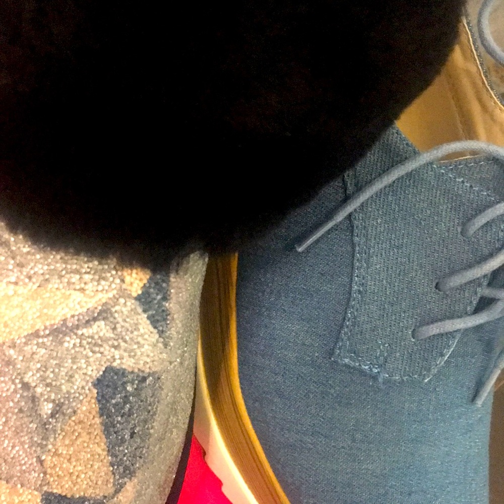 Fur boot and denim platform sneaker.